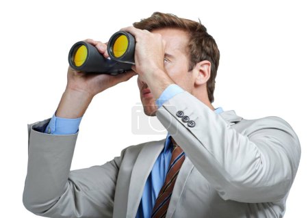 Photo for Business man, binoculars and spy to search for opportunity, future vision and monitor isolated on a white studio background. Telescope, professional lens and worker watch for perspective strategy. - Royalty Free Image
