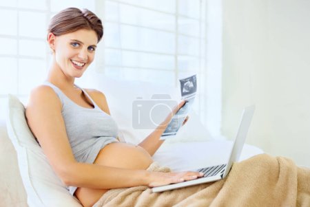 Photo for Pregnant woman, portrait and ultrasound with laptop in home, wellness and excited with prenatal scan on bed. Person, face and sonogram photo with technology in hand and fetus growth or development. - Royalty Free Image