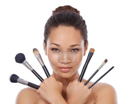 Photo for Woman, portrait and makeup brushes for cosmetics in studio, choice and decision for beauty. Female model person, tools and equipment for application, skincare and facial treatment by white background. - Royalty Free Image