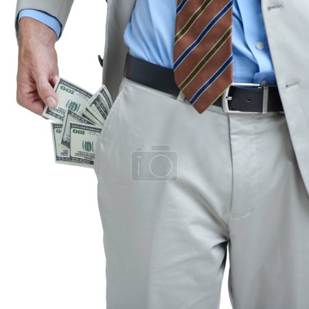 Photo for Business hands, money and pocket for payment, trade or bribe with investment deal in studio. Corporate person with financial crime, scam or corruption and cash offer for secret on a white background. - Royalty Free Image