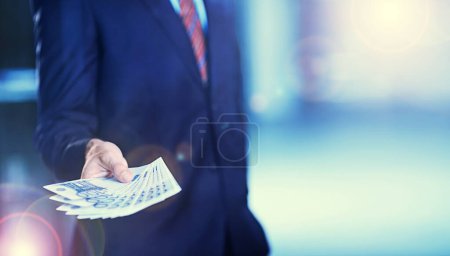Photo for Hands, money and business man with euros, lens flare and mockup space background. Closeup, cash and rich professional in suit giving wealth profit, financial investment and payment of income savings. - Royalty Free Image