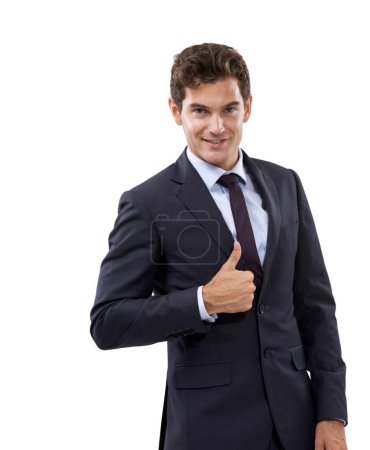 Photo for Corporate man, thumbs up and success in studio for achievement, support and like emoji or yes hands. Portrait of Business person or winner with good job, vote or job agreement on a white background. - Royalty Free Image