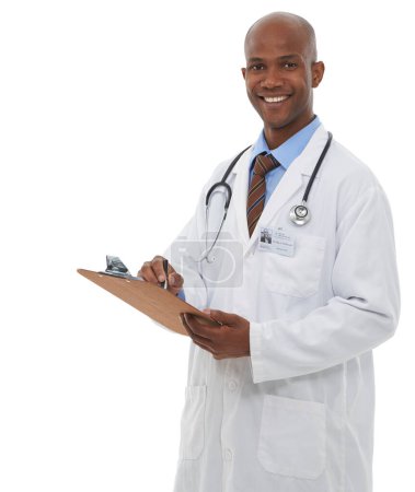 Photo for Black man, portrait or doctor writing on clipboard in studio, planning notes or healthcare information on white background. Happy medical worker, paperwork or insurance documents, checklist or script. - Royalty Free Image