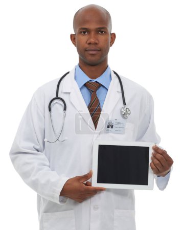 Photo for Doctor, portrait and space on tablet screen in studio for advertising medical information, newsletter or telehealth feedback on white background. Black man, healthcare worker and digital presentation. - Royalty Free Image