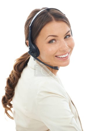 Photo for Happy woman, portrait and face with headphones in call center for customer service on a white studio background. Female person, consultant or agent smile with headset and mic for telemarketing advice. - Royalty Free Image