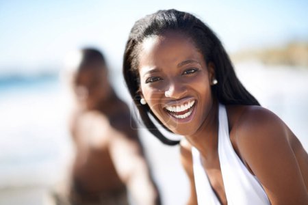 Photo for Happy, portrait and black woman at beach for travel, freedom and fun with husband in nature. Love, face and African couple on adventure for bonding, holiday or romantic summer vacation in Los Angeles. - Royalty Free Image