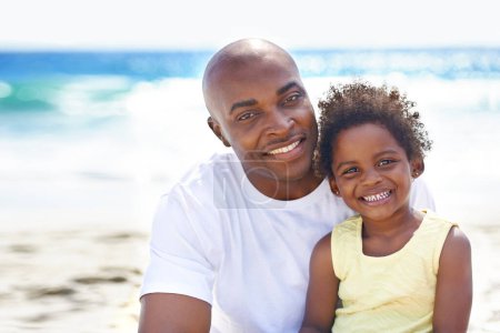 Photo for Father, child and portrait at beach for holiday vacation, outdoor relax or family bonding. Black people, girl and face at ocean sand for happy kids adventure for summer fun, water explore or sun trip. - Royalty Free Image