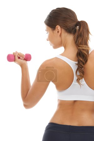 Photo for Fitness, gym and woman in studio with dumbbell for workout, muscle training and body building. Exercise, power and commitment to improvement, strong girl weight lifting on white background from back - Royalty Free Image