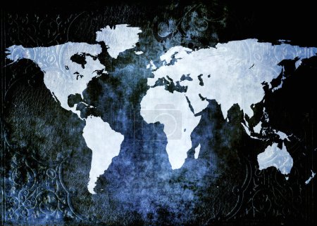 Foto de Mapa del mundo, Sudáfrica y continentes de ilustración geográfica, país o tierra. Vista superior del planeta, globo o atlas de océano, tierra o geografía para información, cuadrícula o navegación. - Imagen libre de derechos