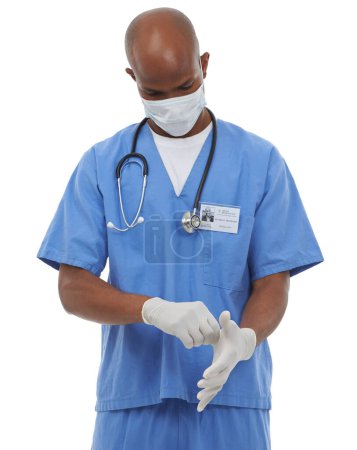 Photo for Gloves, man or doctor with a mask, healthcare or employee isolated on white studio background. African person, model or worker with face cover, hospital policy or regulations for safety or protection. - Royalty Free Image