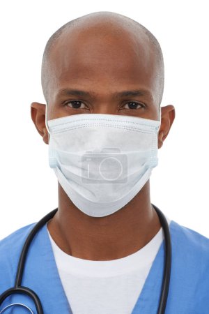 Photo for Portrait, man and mask with doctor, healthcare and confident employee isolated on a white studio background. Face cover, medical and professional with uniform, Covid19 regulations and protection. - Royalty Free Image
