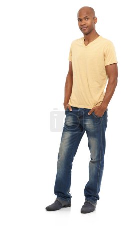 Photo for Portrait, smile and black man with fashion, casual outfit and confident guy isolated on a white studio background. African person, mockup space and model with stylish clothes, cheerful and positive. - Royalty Free Image