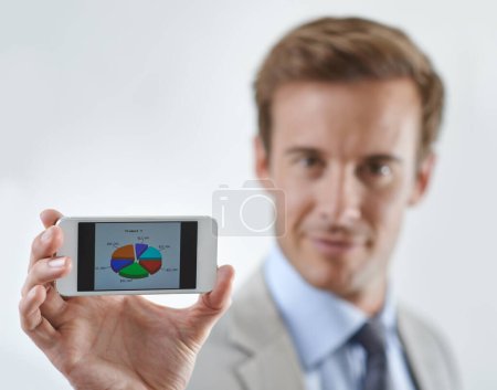 Photo for Business man, phone screen and pie chart, data or statistics for financial report, revenue and stock market. Portrait of corporate accountant on mobile for trading or sales on a white wall background. - Royalty Free Image