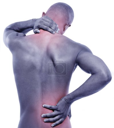Photo for Man, backache and neck pain with glow, spine injury and illness with fibromyalgia pr pressure on white background. Red overlay, body and sick in studio with muscle tension, inflammation and strain. - Royalty Free Image