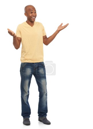Photo for Casual, shrug and thinking with black man, smile and model isolated on white studio background. African person, mockup space and guy with expression, decision and choice with doubt, why and questions. - Royalty Free Image