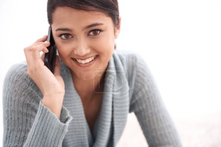 Photo for Happy woman, portrait and phone call for communication, conversation or social media in networking at home. Face of young female person smile or talking on mobile smartphone for online chat on mockup. - Royalty Free Image