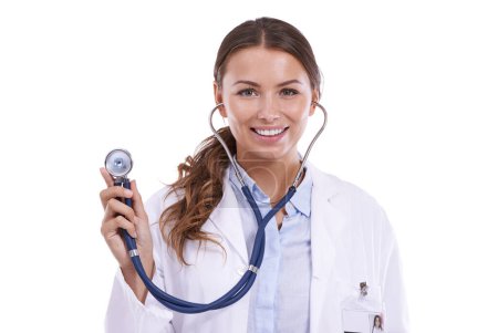 Photo for Doctor, portrait and woman with stethoscope for heartbeat, healthcare and cardiology in studio on white background. Happy medical worker with tools to check lungs, cardiovascular test and evaluation. - Royalty Free Image