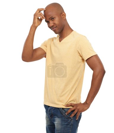 Photo for Thinking, smile and black man with fashion, decision and confident guy isolated on white studio background. African person, choice and model with ideas, opportunity and confused with doubt and wonder. - Royalty Free Image