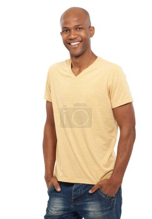Photo for Portrait, happy and black man with fashion, stylish clothes and confident guy isolated on a white studio background. African person, mockup space and model with trendy outfit, cheerful and smile. - Royalty Free Image