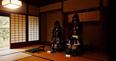 Photo for Japan, armor and warrior of samurai gear, statue or protection for tradition or culture. Empty room with Japanese clothing for medieval war in ancient as symbol of honor, courage or strength in dojo. - Royalty Free Image
