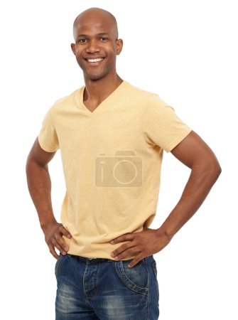 Photo for Portrait, smile and black man with fashion, peaceful and confident guy isolated on a white studio background. African person, mockup space and model with his hands on his hips, casual outfit and joy. - Royalty Free Image