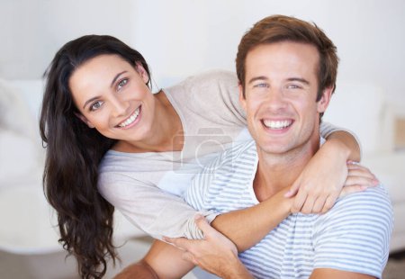 Photo for Portrait, couple hug and love with trust, marriage and happiness at home, healthy relationship and affection. People bonding, loyalty and connection with smile, partner and romance together at house. - Royalty Free Image