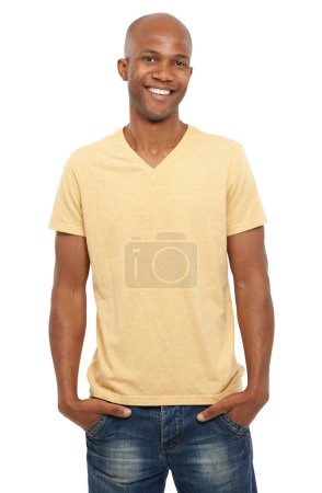 Photo for Portrait, smile and black man with fashion, stylish outfit and confident guy isolated on a white studio background. African person, mockup space and model with trendy clothes, cheerful and joyful. - Royalty Free Image