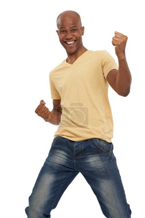 Photo for Cheering, excited and black man with celebration, success and achievement isolated on a white studio background. African person, promotion and winner with victory, emoji and wow with omg and energy. - Royalty Free Image