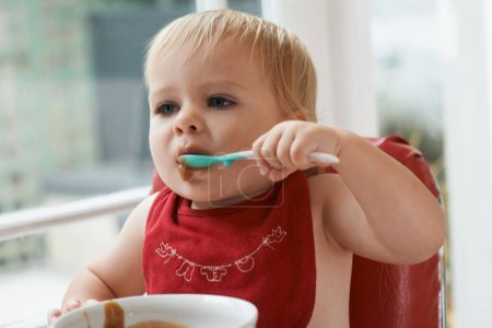Photo for Hungry, sweet and baby eating porridge for health, nutrition or child development at home. Food, cute and girl toddler or kid enjoying an organic puree meal for lunch or dinner in high chair at house. - Royalty Free Image