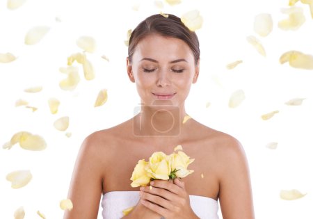 Photo for Woman, flowers and eyes closed with beauty, skincare and cosmetics with close up, roses and female person. Skin, wellness and glowing face with white studio background, model and cosmetic dermatology. - Royalty Free Image
