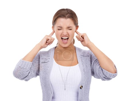 Fingers in ears, stress and screaming woman in studio for noise, volume or sensitive on white background. Anxiety, fear and female model with panic attack, gesture or frustrated by tinnitus disaster.