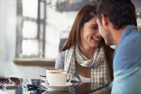 Photo for Love, coffee shop and relax couple smile for romantic date, care and happy together in diner, cafe or restaurant. Relationship, hospitality service and cafeteria man, woman or people bond over drinks. - Royalty Free Image