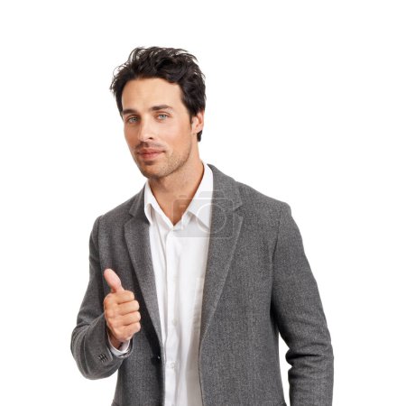 Photo for Business, portrait and man with thumbs up in studio for feedback, review or excellence on white background. Face, smile and male entrepreneur with yes hand emoji for vote, support or success gesture. - Royalty Free Image