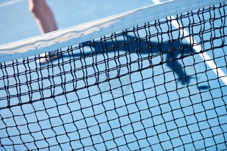 Photo for Tennis court, outdoor or closeup of net with space for mockup, workout or playing in practice. Sports, equipment or athlete in training, arena or fitness exercise at game, contest or competition. - Royalty Free Image
