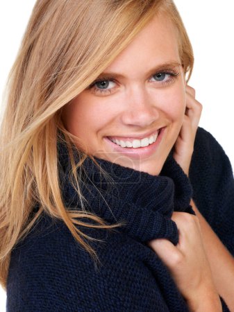 Photo for Scarf, winter fashion or portrait of happy woman in studio for cool, trendy or comfortable outfit. Face, smile or female model with satisfaction in cosy, style or casual clothing on white background. - Royalty Free Image