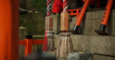 Photo for Location, torii gates and temple for religion, travel or traditional landmark closeup for spirituality. Buddhism, Japanese culture and trip to Kyoto, zen or prayer on pathway by Fushimi Inari Shinto. - Royalty Free Image