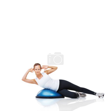 Photo for Balance, training and woman with bosu ball in workout, core exercise and wellness on white background. Muscle, strength and power with challenge on mockup space, athlete and fitness tools in studio. - Royalty Free Image