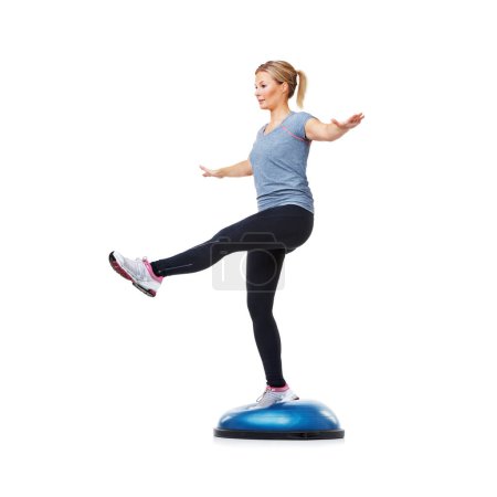 Photo for Woman, legs and balance on bosu ball for exercise, workout or training on a white studio background. Active female person on half round object for pilates, practice or strong body on mockup space. - Royalty Free Image