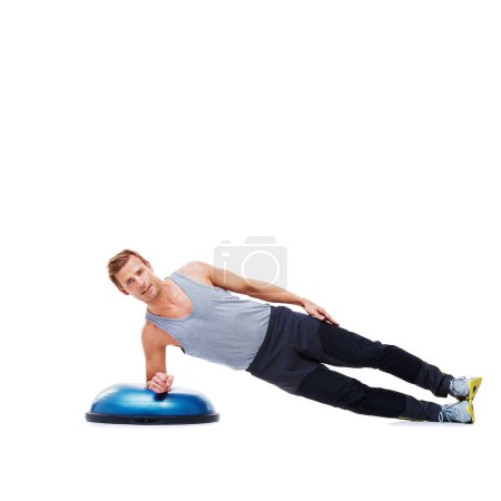 Photo for Man, fitness and balance on bosu ball for core training, muscle and workout isolated on white background. Exercise equipment, strength and endurance with mockup space and strong athlete in studio. - Royalty Free Image