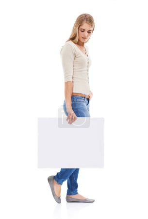 Photo for Woman, card or poster mockup with advertising, presentation or announcement with information on white background. About us, coming soon or sign up with news, marketing or ads with board in studio. - Royalty Free Image