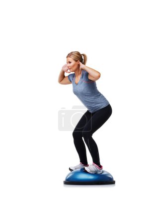 Photo for Training, half ball or woman doing balance, squat or wellness challenge for active studio exercise. Pilates practice, stability equipment or sports athlete in fitness club routine on white background. - Royalty Free Image