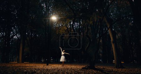 Photo for Ballet, dance and woman outdoor at night in Japan with street light, trees and creative art. Ballerina, performance and talent in dark Kyoto forest, woods or garden with spotlight in nature or park. - Royalty Free Image