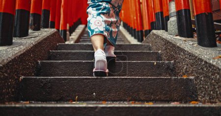 Téléchargez les photos : Femme, culture shintoïste ou marche par les escaliers au Japon, chemin spirituel ou religion indigène en kimono. Personne, vêtements traditionnels ou culte en paix, respect ou retour par Fushimi Inari Taisha in kyoto. - en image libre de droit