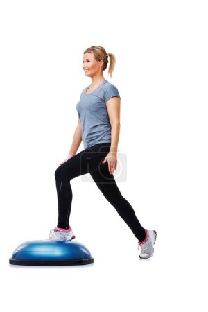 Photo for Training, half ball and studio woman doing fitness, step or wellness challenge for active exercise performance. Aerobics practice, stability equipment or person in fitness routine on white background. - Royalty Free Image