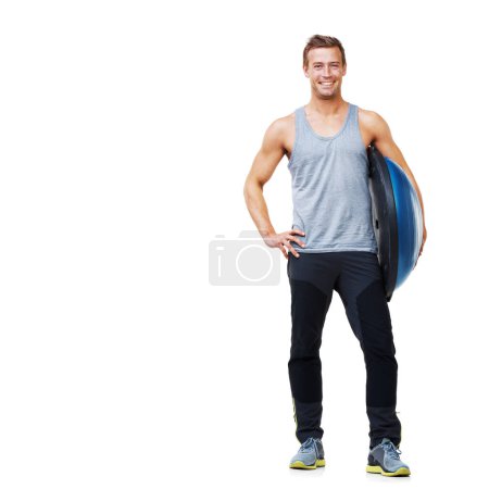 Photo for Fitness portrait, half ball and happy man for wellness, studio workout or pilates performance with gym equipment. Mockup space, sports training or person smile for active exercise on white background. - Royalty Free Image