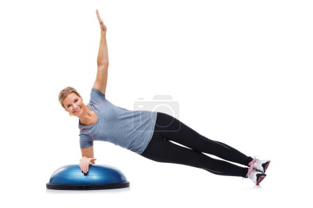 Photo for Woman portrait, half ball or plank for fitness, studio workout or core strength development. Balance challenge, exercise equipment and happy person smile for muscle training on white background floor. - Royalty Free Image