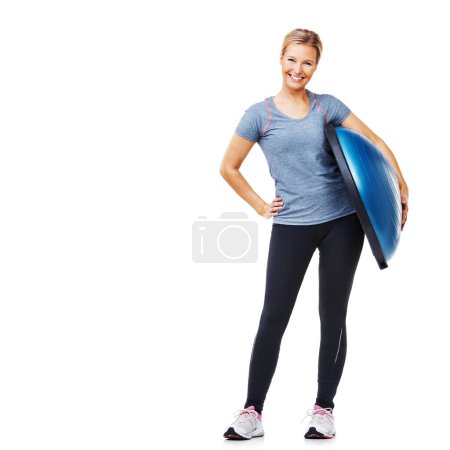 Photo for Fitness portrait, half ball or happy woman for challenge, studio workout or aerobics with gym equipment. Mockup space, happiness or athlete smile for exercise, training or pilates on white background. - Royalty Free Image