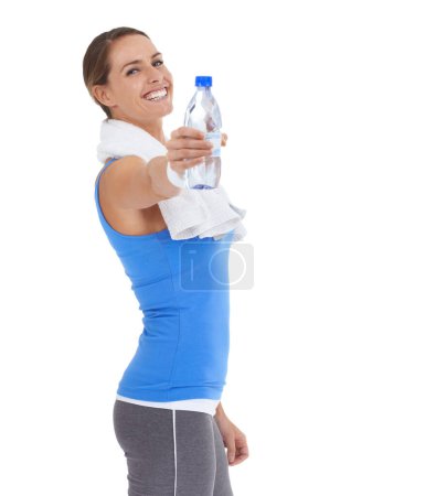 Photo for Woman, workout portrait and water bottle in studio for health, wellness and training on a white background. Happy person or sports model giving liquid for gym energy, fitness and exercise challenge. - Royalty Free Image