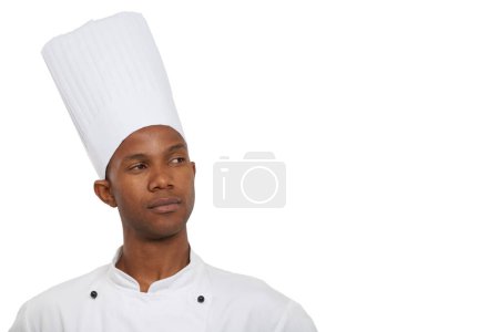 Photo for Man, chef and thinking of food, professional and serious guy on white studio background. African person, culinary expert and mockup space with vision, hospitality industry and employee menu idea. - Royalty Free Image