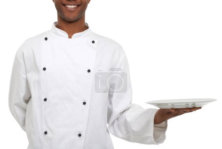 Photo for Hands, chef and show empty plate in studio isolated on a white background mockup space. Waiter, cooking and presentation closeup of dish in catering service, professional advertising menu and smile. - Royalty Free Image